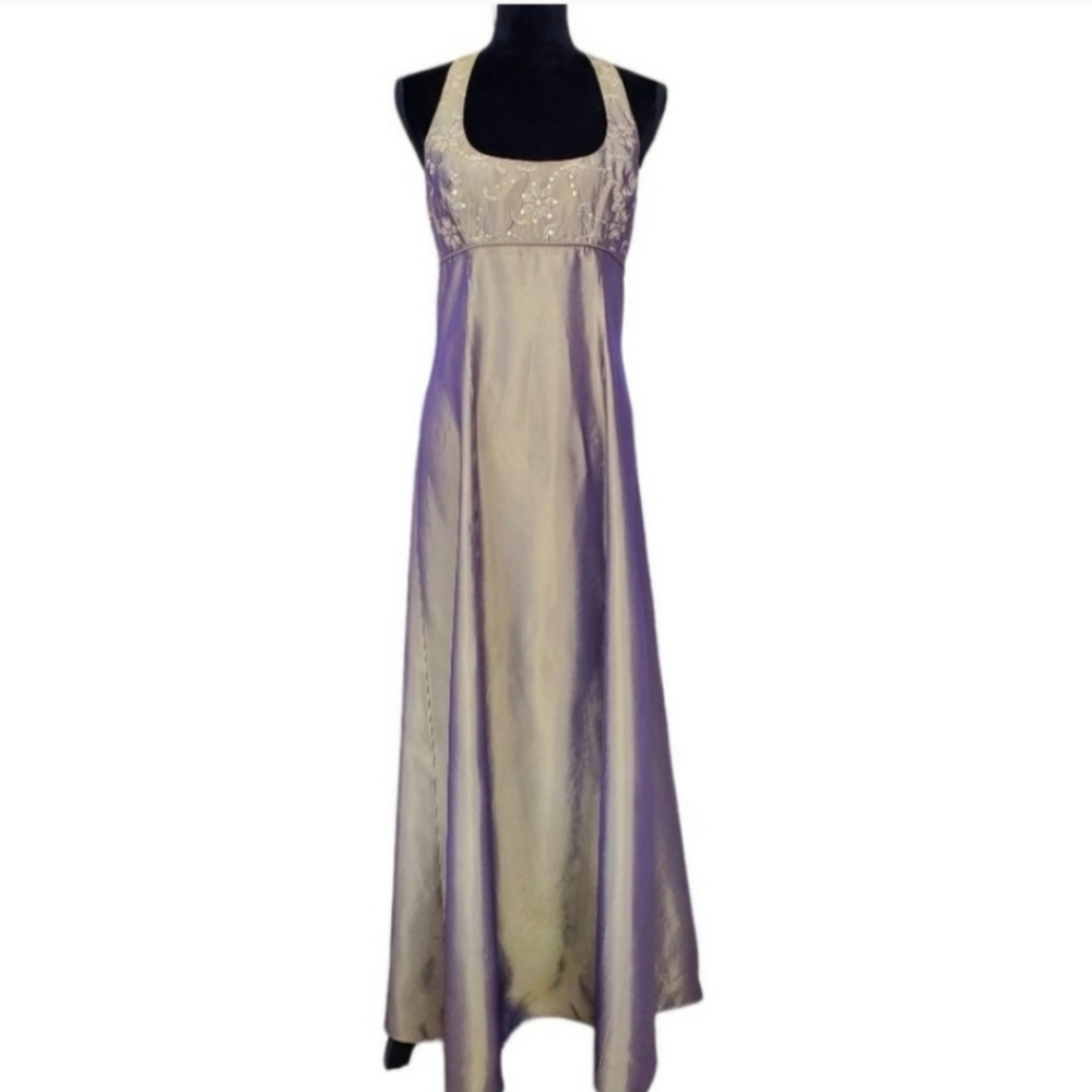 Beige with purple iridescent sheen empire waist halter sleeveless long Gown